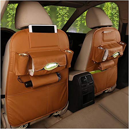 2 PACK PU Leather Car Backseat Organizer ,MLOVESIE Travel Storage Protectors for Kids Toys Bottles Tissue Box Cellphone IPad Tablet Umbrella