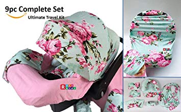 9pc Ultimate Set of Infant Car Seat Cover Canopy Headrest Blanket Hat Nursing Scarf, 25JE04