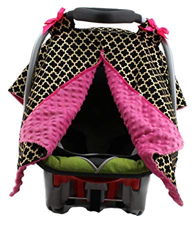 Dear Baby Gear Carseat Canopy, Iron Gate Gold on Black, Hot Pink Minky