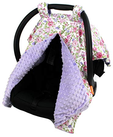 Dear Baby Gear Deluxe Car Seat Canopy, Cotton Floral Pink and Lilac Roses, Lavender Minky Dot