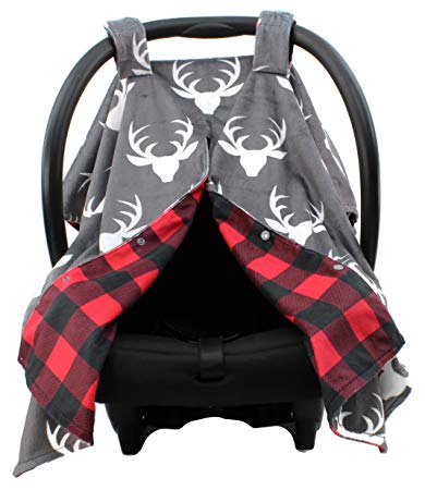 Dear Baby Gear Deluxe Reversible Car Seat Canopy, Custom Minky Print Plaid White Antlers, Red and...