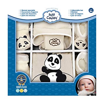 Petit Coulou Hat, Slippers, Mitts and Blanket Gift Set, Beige/Black Panda