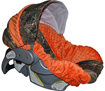 Infant Car Seat Cover, Baby Car Seat Cover, Slip Cover- Camo with Orange Minky!