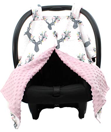 Dear Baby Gear Deluxe Carseat Canopy, Custom Minky Print Girl Antler Flowers Pink Minky Dot