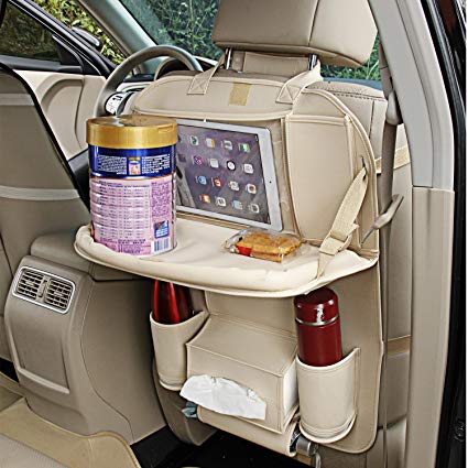 2 Pack Car Back Seat Organizer, Foldable Car Dining Table Holder Bottles Holder Multifunctional Back Seat Protector Universal Use as Car Backseat Organizer for Kids (Beige)