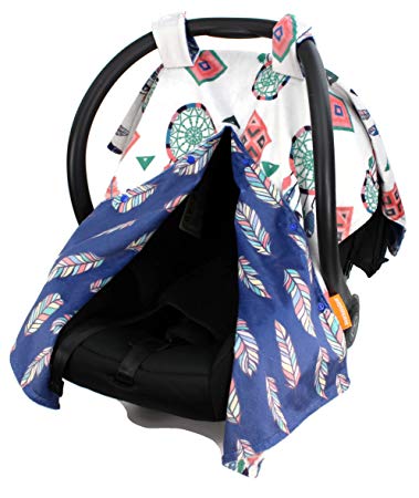 Dear Baby Gear Deluxe Car Seat Canopy, Custom Minky Print, Reversible Feathers and Dream Catchers