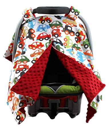 Dear Baby Gear Deluxe Carseat Canopy, Minky Print Cars on Red
